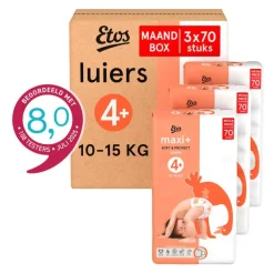 Hot Etos Luiers Maxi+ Maat 4+ 1-15 kg Maandbox 210 stuks